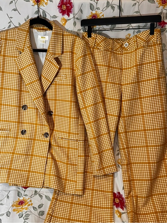 Maeve Jackets & Blazers - MAEVE BY ANTHROPOLOGIE MUSTARD YELLOW PLAID DOUBLE-BREASTED BLAZER & TROUSER SET